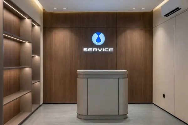 Area meja resepsionis layanan purnajual atau service resmi Denza Haka Pondok Indah dengan latar belakang dinding panel kayu minimalis dan logo menyala yang elegan.