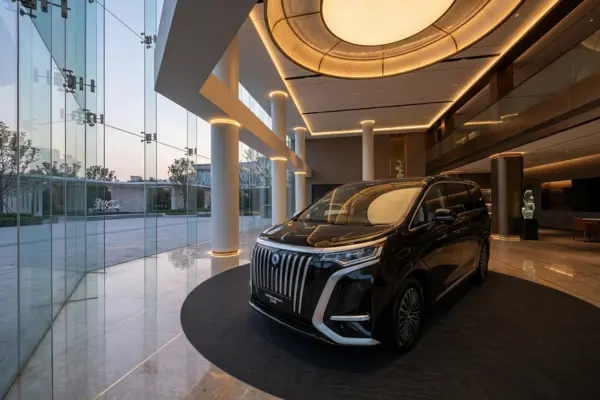 Desain interior lounge eksklusif di showroom mobil listrik premium Denza Haka Pondok Indah dengan pencahayaan hangat.